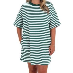 Veveret So in Sync Stripe Green White Shirt Dress Pockets Women’s L Oversized